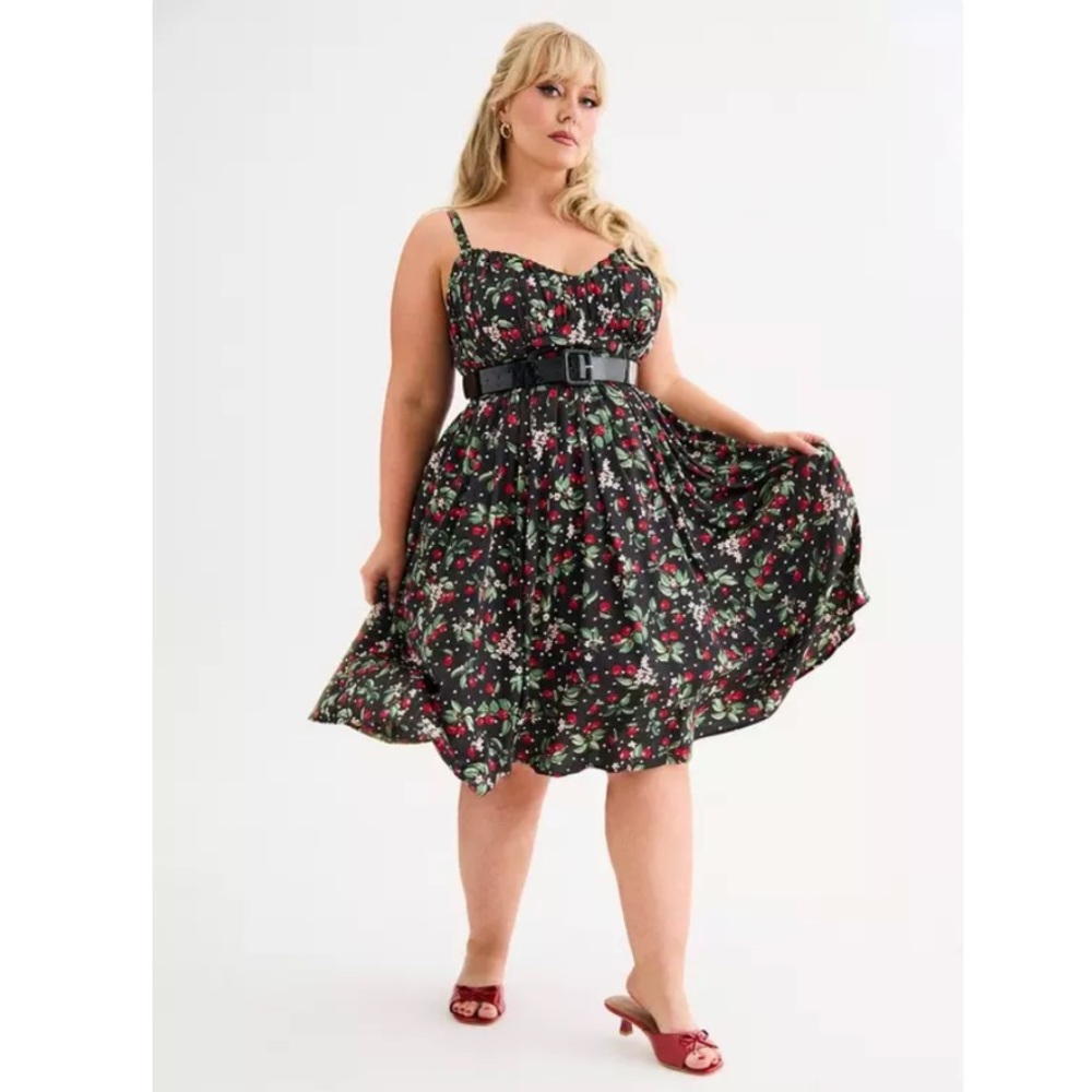 Retro Chic Pleated Cherries Print Swing Dress